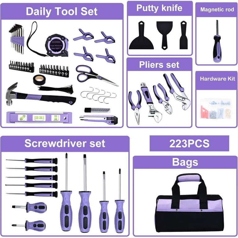 Afoxsos 223 Piece Purple Tool Set For Women Kit With 13 Inch Wide Mouth Storage Bag Ergonomic Handles Ideal For Home Maintenance Diy Projects Afoxsos 223 Piece Purple Tool Set For Women Kit With 13 Inch Wide Mouth Storage Bag Ergonomic Handles Ideal For Home Maintenance Diy Projects