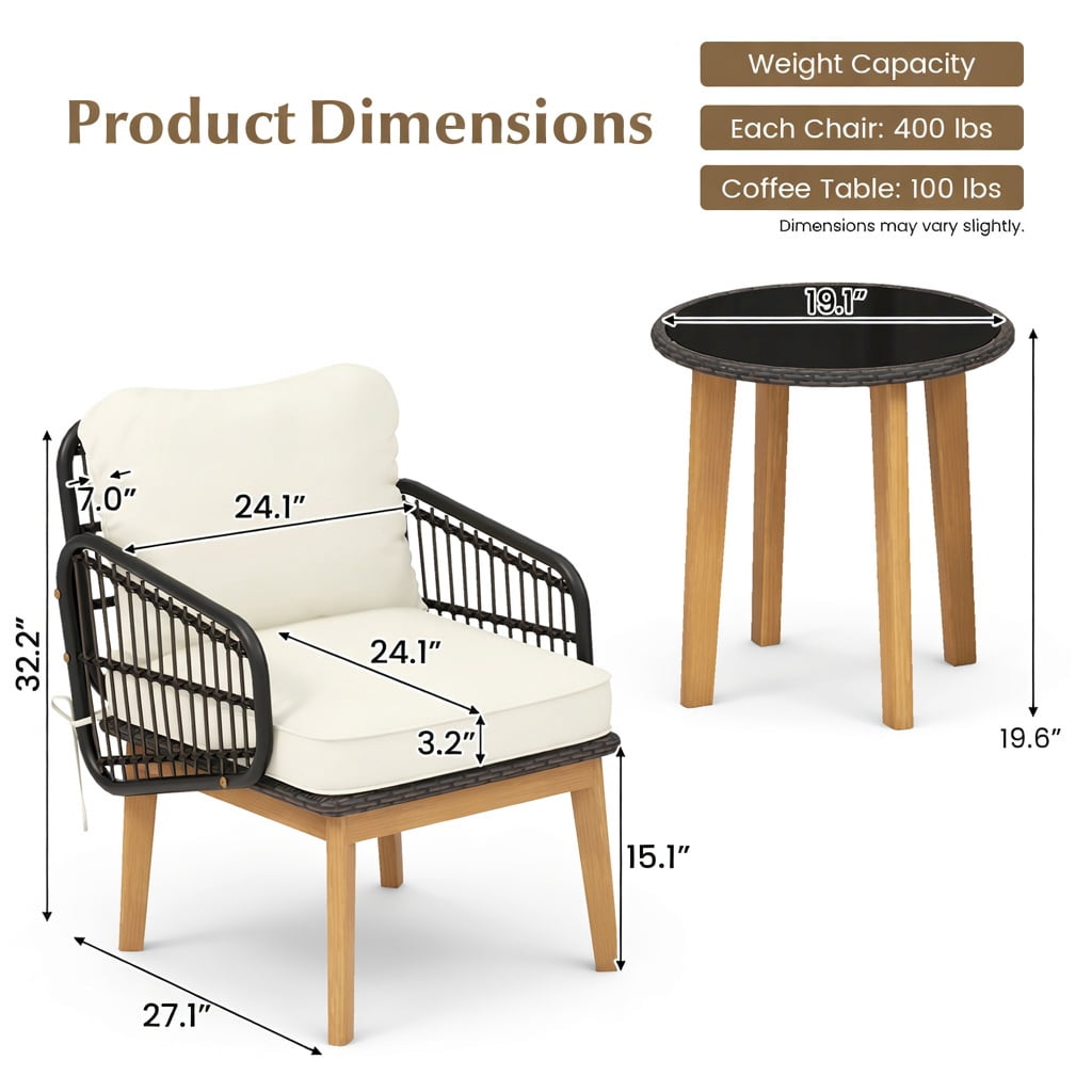 Hommoo 3-Piece Outdoor Patio Furniture Set, PE Rattan Chairs with Tempered Glass Side Table, Acacia Wood Frame, Weather-Resistant Cushions, Black