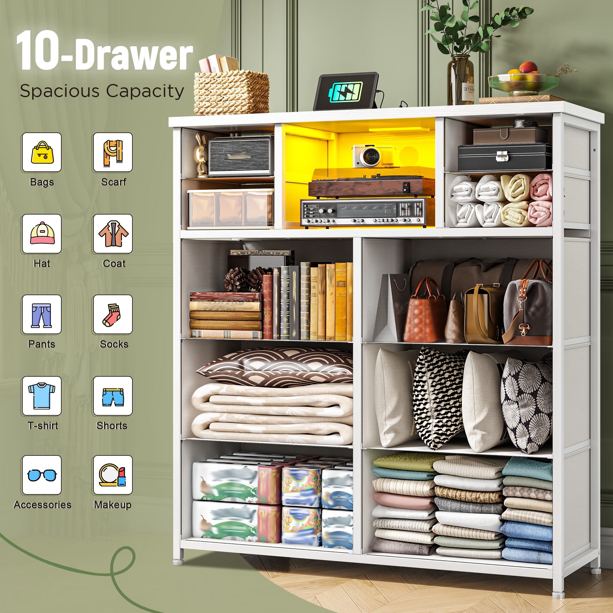 Romorgniz Tall Dresser for Bedroom with 10 Drawers Featuring LED Lights & Power Outlet Fabric Dressers & Chest of Drawers with Open Shelves, White
