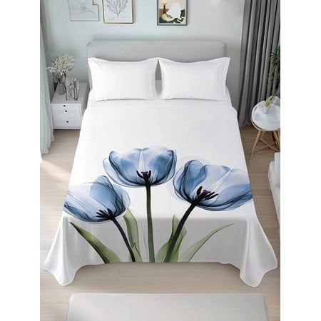 Blue Tulips King Size Flat Sheet, Wrinkleproof & Fadeproof Cooling Flat Bed Sheet Only, Country Retro Aesthetic Floral Flower Breathable Soft Bedding Top Sheets 105 x 98 Inches