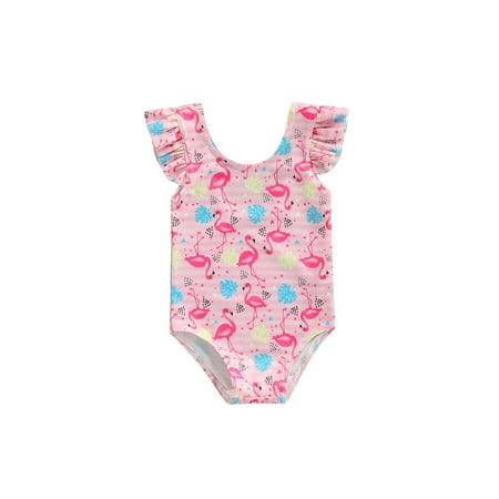 

Amuver Toddler Baby Girl Swim Romper Fly Sleeve Heart/Scale/Flamingo Printed Round Neck Backless Beach Wear Short Jumpsuit