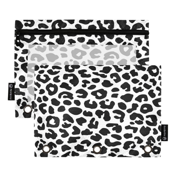 2 Pack 3 Ring Binder Pouch with Clear PVC Window Water Resistant Zipper Pencil Pouch Minimalist Black Leopard Print Binder Pocket for Classroom Office Home Stationery Organization