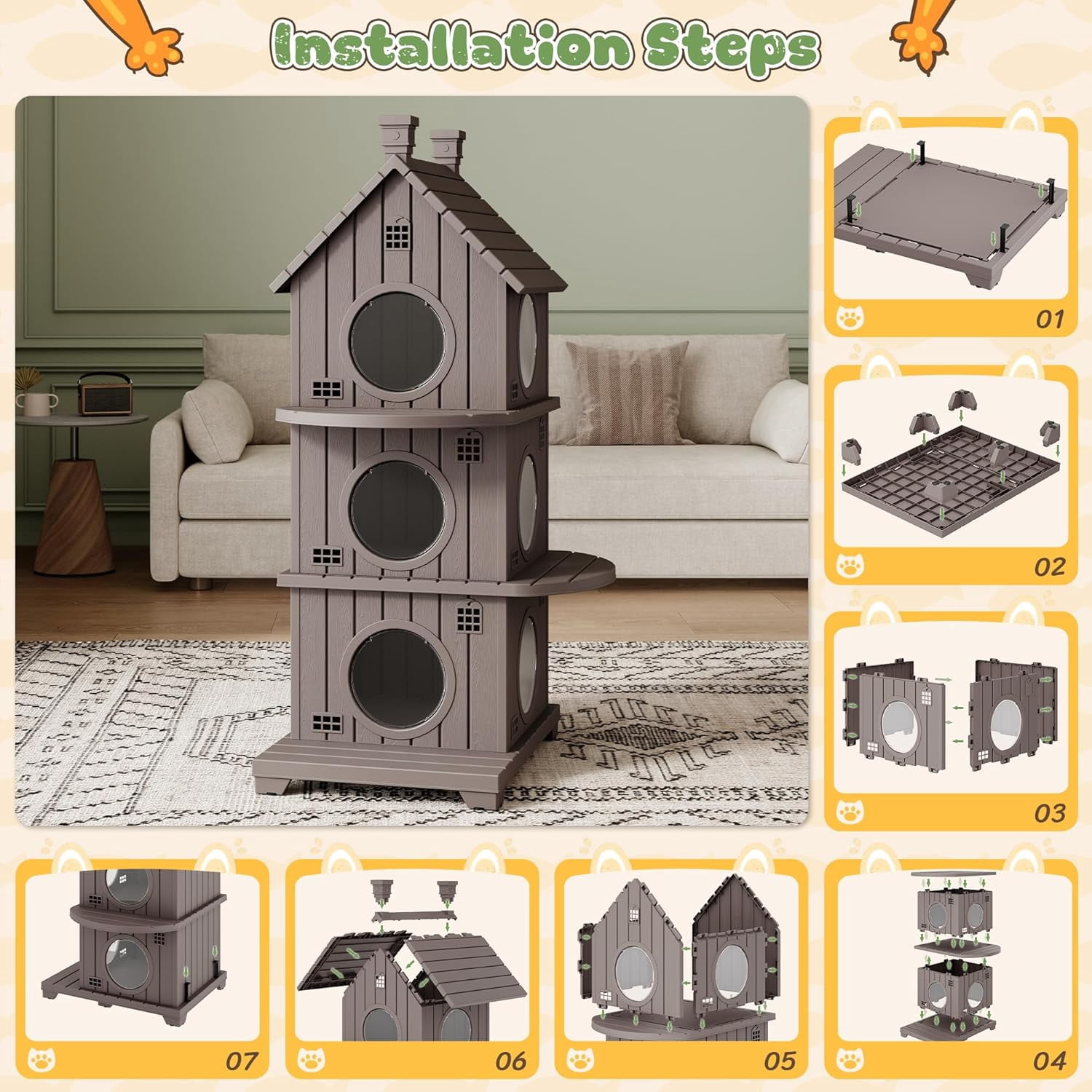 FICARTS Indoor/Outdoor Cat House, Weather-Resistant Pet Shelter with Elevated Base, Multi-Entry Cat Cottage for Feral & Household Cats