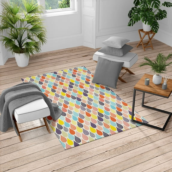 Geometric Turkish Area Rug, Raindrops Doodle Style Creative Leaf Shaped Colorful Girls Theme, Soft Carpet for Living Room Decor with Distressed Look, 5.2' X 7.6', Pale Blue, by Ambesonne