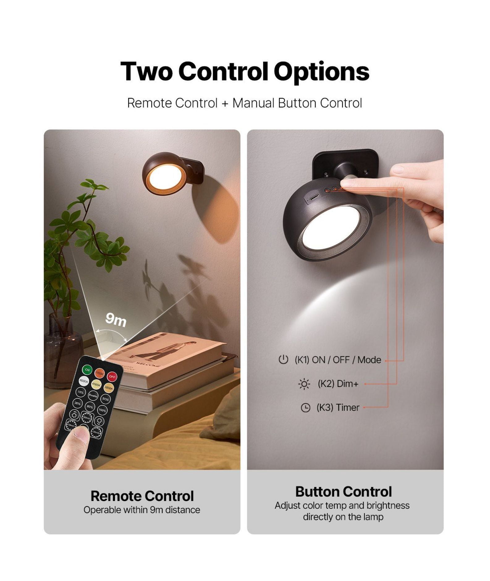 LED Wall Sconces 2-Pack, Rechargeable Battery Operated, Remote Control, Dimmable, 360° Rotation, Adjustable Color Temp & Brightness, Wireless Wall Lights