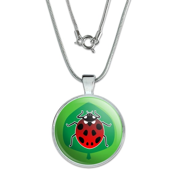 Red Ladybug on Green Leaf Ladybird 1" Pendant with Sterling Silver Plated Chain