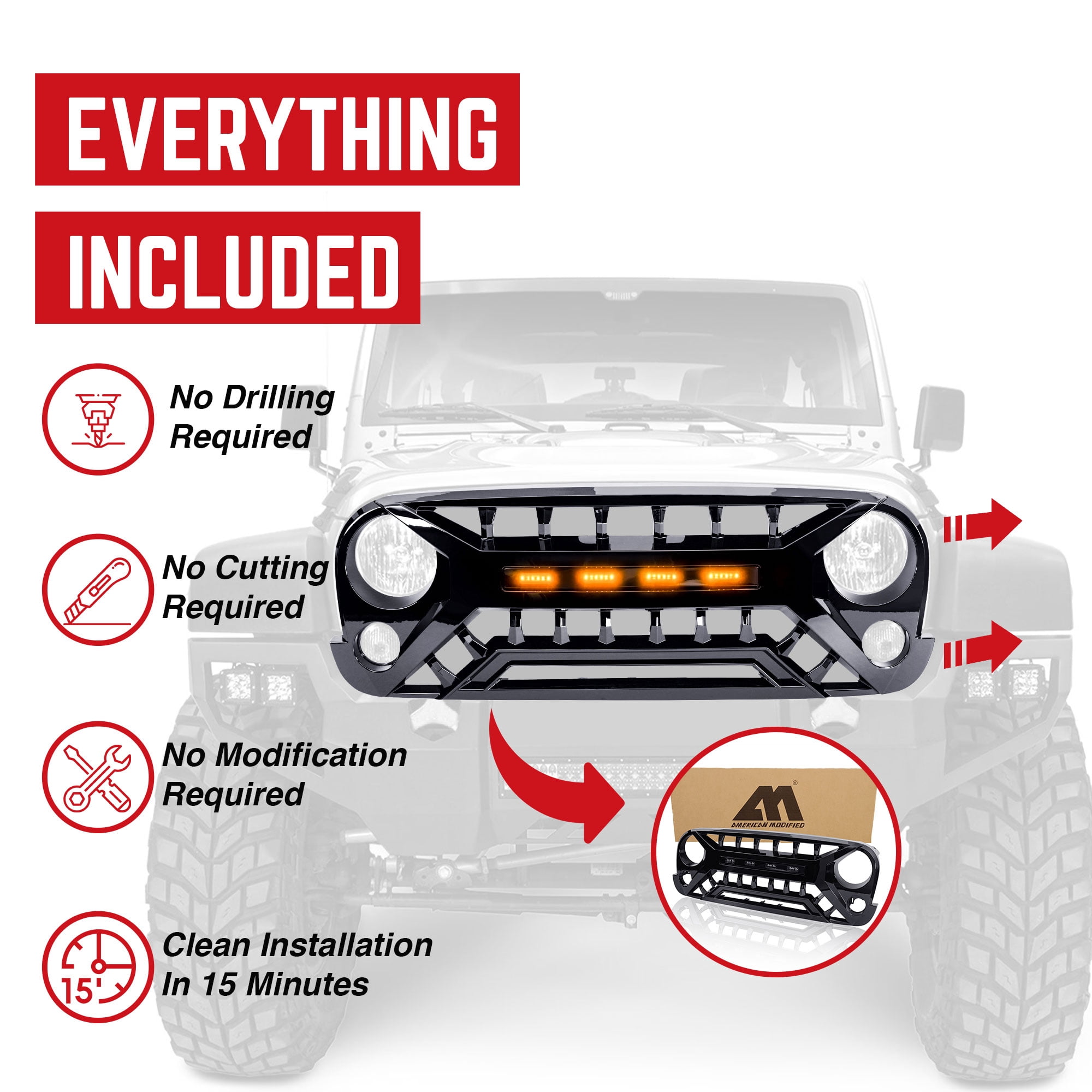 AMERICAN MODIFIED Grille 07-18 Jeep Wrangler JK w/ Amber LED, Glossy Black