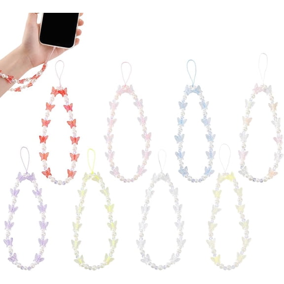 8 Styles Beaded Phone Charm Butterfly Aesthetic Phone Lanyard Wrist Strap Cute Keychain Decoration for Wallet AirPods Camera Mobile Pendants Decor colorful