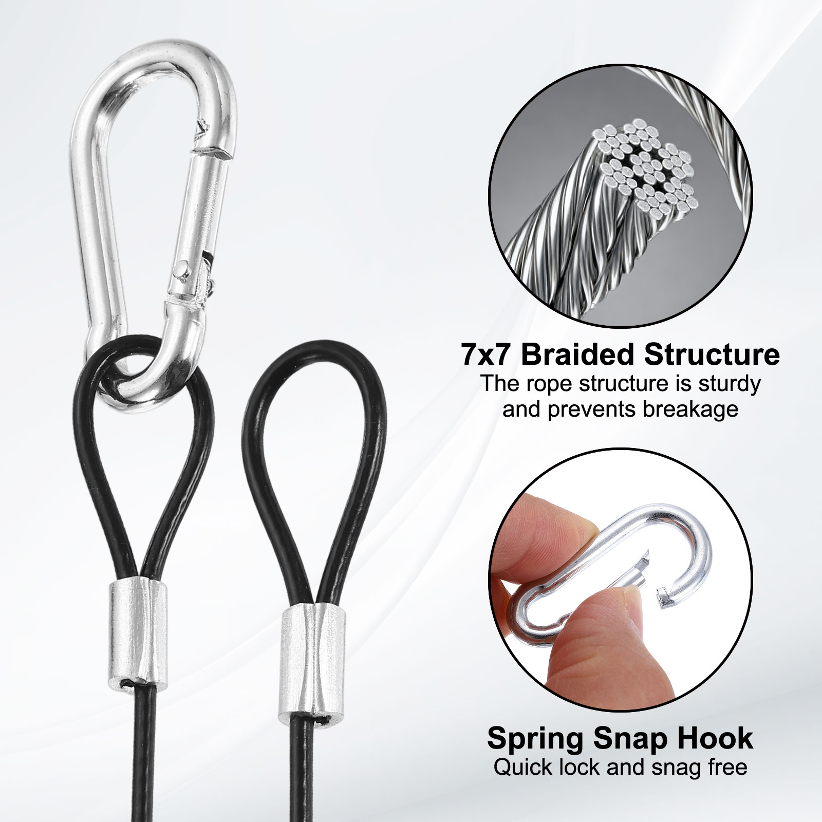Uxcell 79 Inch Safety Cable Lock, 4 Pcs 304 Stainless Steel Security Wire Ropes Double Loop Anti-Theft Safety with 8 Spring Buckles for Bicycles Luggage Stage Lighting, Black