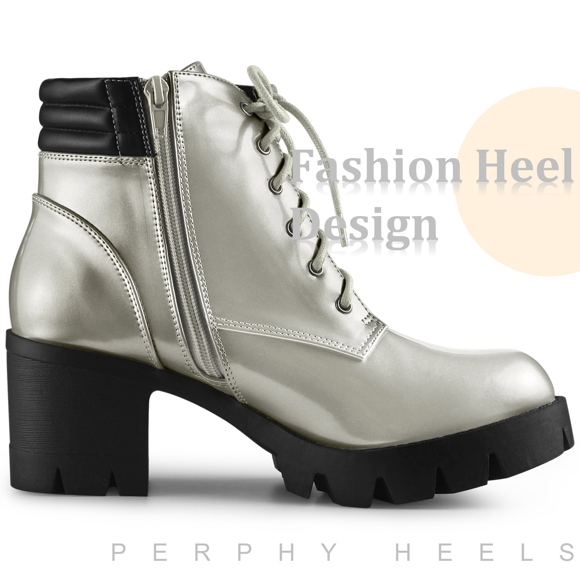 Unique Bargains Women's Lace Up Platform Chunky Heel Combat Boot Silver 9.5
