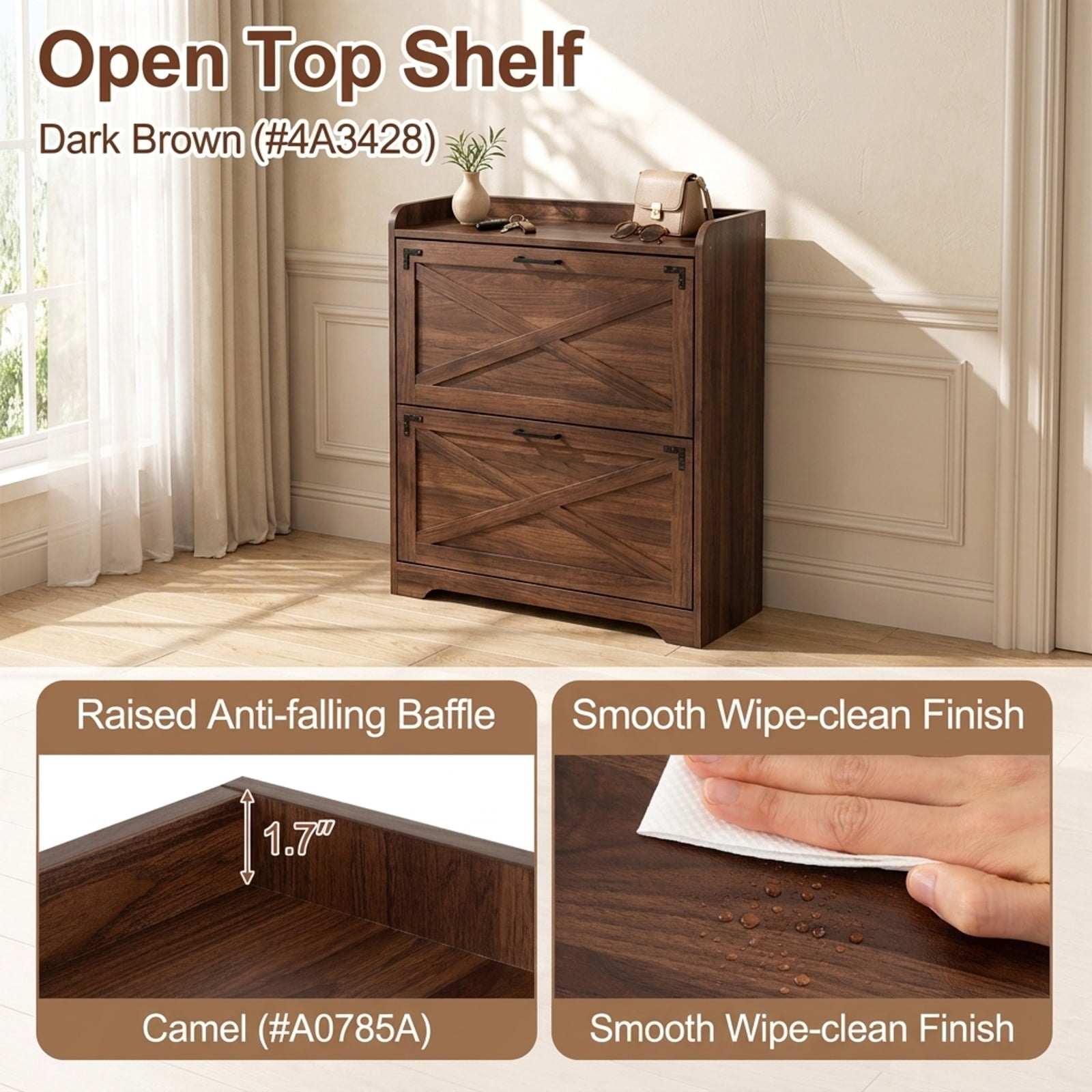 Furnibear Narrow Shoe Cabinet with 2 Flip Drawers Adjustable Removable Shelves and Barn Door Accents for Entryway and Hallway, Brown