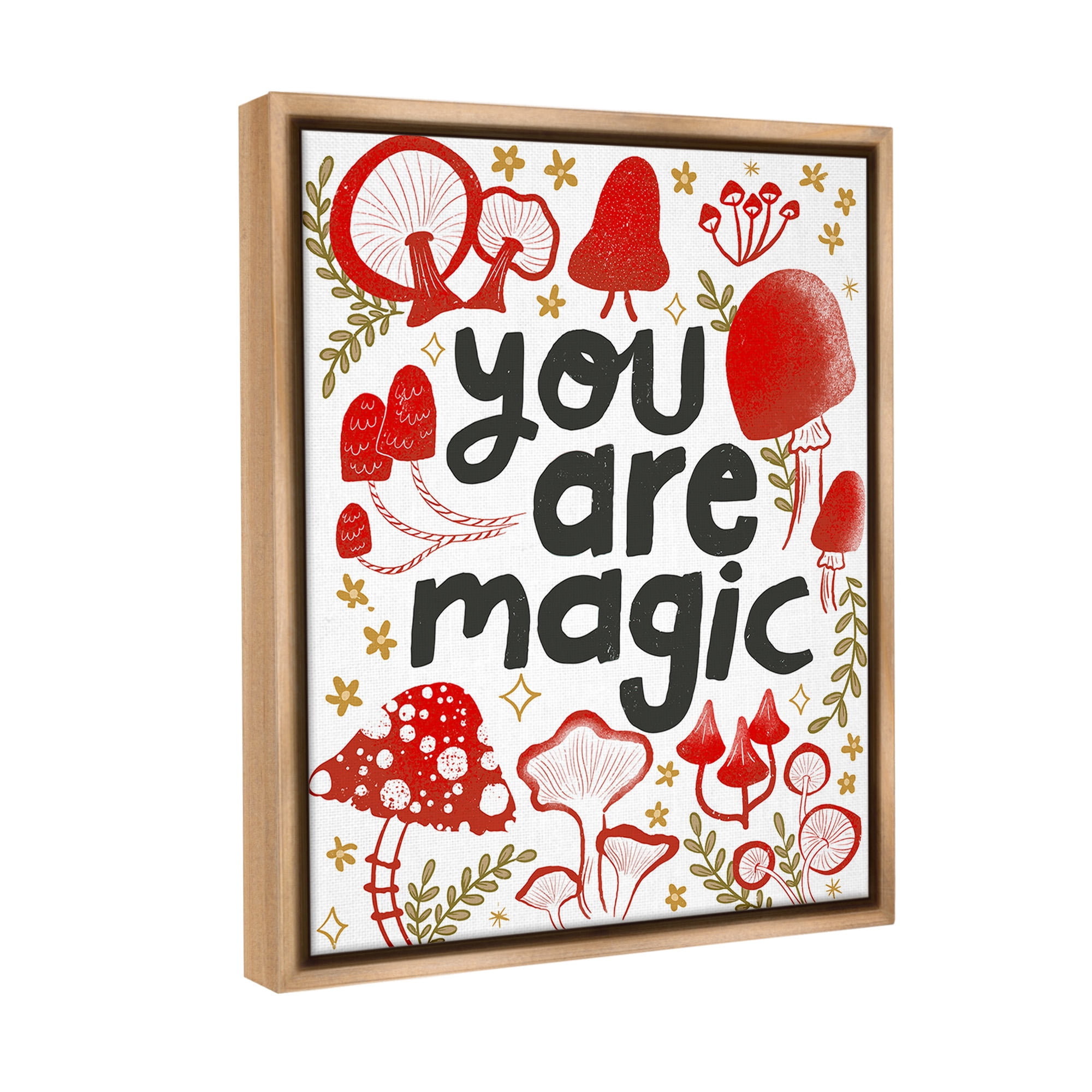 Stupell Industries Magic Phrase with Mushrooms Botanical & Floral Painting Brown Floater Framed Canvas Art Print Wall Art, 17 x 21