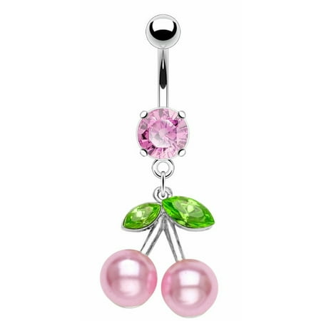 Cat Dangle Belly Button Ring - Belly Button Ring Navel Faux Pearl Cherry Body Jewelry Dangle 14 Gauge