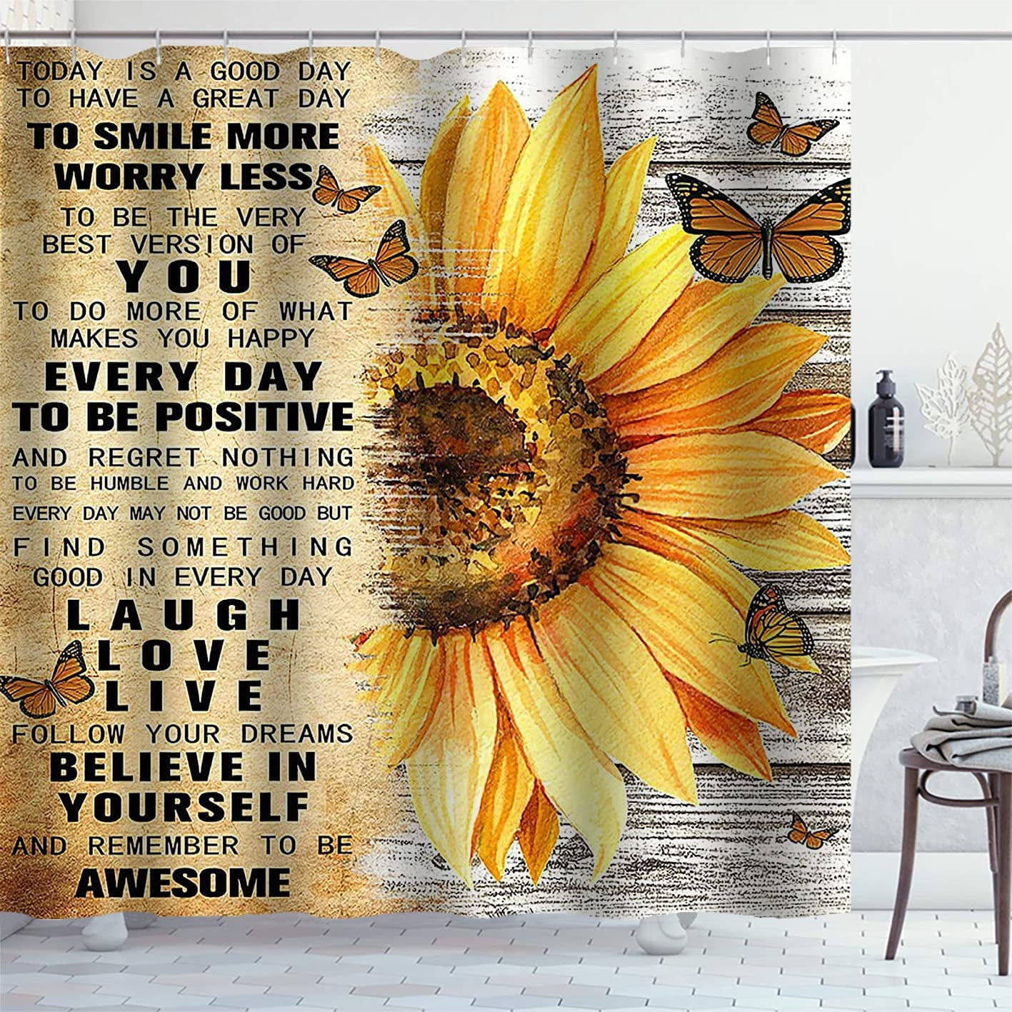 SPXUBZ Sunflower Shower Curtain, Positive Inspirational Quotes Yellow Floral Butterfly Country Rustic Farmhouse Bathroom Decor, Waterproof Fabric Shower Curtain Set , 72 X 72 Inch, Live Laugh Love