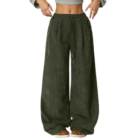 Fgnfyis Women s Casual Pants High Waist Loose Fit Comfortable Trousers for Fall Winter Fashion Elastic Waistband Flowy Wide Leg Pants Fall Pants for Women Army Green M