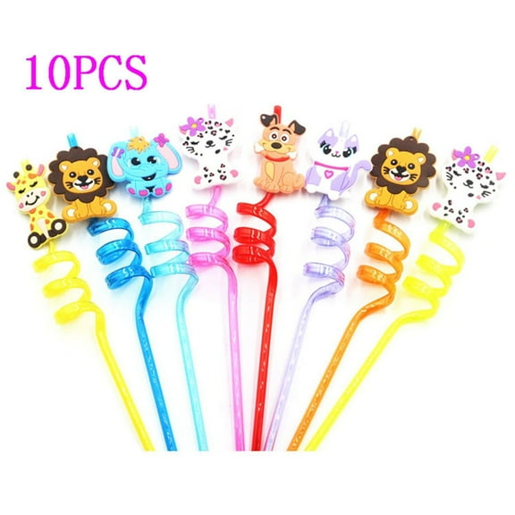 10 Pieces Jungle Safari Zoo Animal Theme Party Supplies Straws Reusable Plastic for Kids Birthday Favors, Family Table Decorations