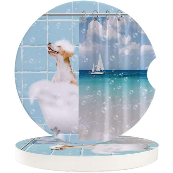 FMSHPON Funny Dog Take A Shower with Bubble Set of 6 Car Coaster for Drinks, Absorbent Ceramic Stone Coasters Cup Mat with Cork Base for Home Kitchen Room Coffee Table Bar Decor