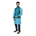 thumbnail image 2 of Indian Traditional Silk Lagoon Blue Sherwani Kurta Set with Celadon Green Jacket for Men, 2 of 6
