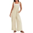 thumbnail image 2 of Wide Leg Overalls for Women Loose Fit Casual Sleeveless Linen Jumpsuit Tie Straps Bib Summer Rompers with Pockets White M, 2 of 8