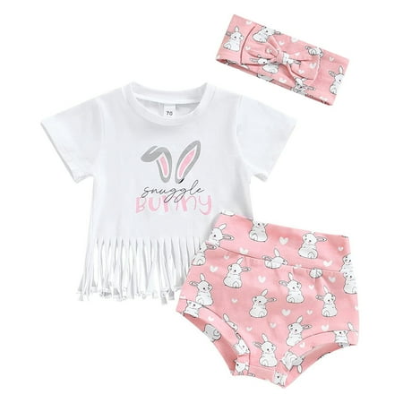 

Outfits Set For Girls Toddler Easter Short Sleeve Letter Tassels T Shirt Pullover Tops Rabbit Printed Shorts Outfits