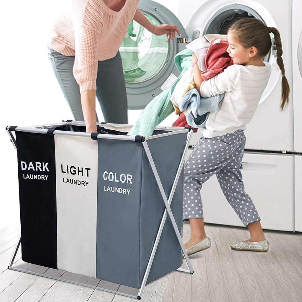 Keenstone Laundry Basket, 135L 3-Compartment Collapsible Waterproof Closes Sorter, Durable Fabric Basket for Home & Dorm Room