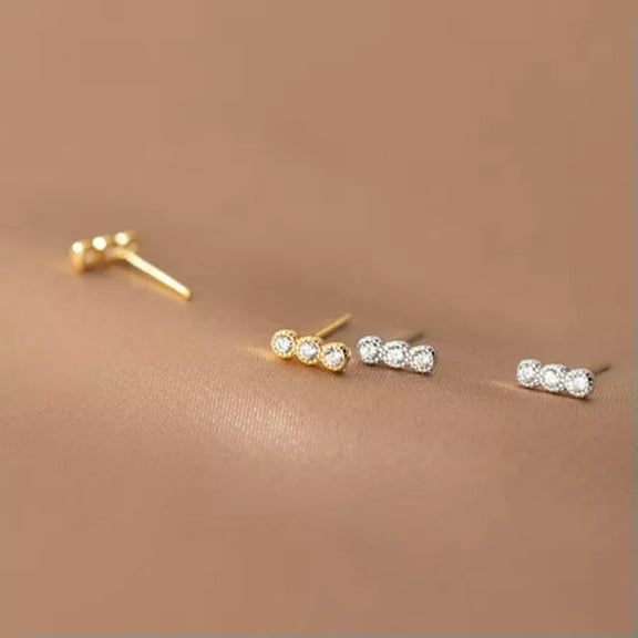 K-KED Earrings Sterling Silver 925 Small Triple Clear Crystal Stud Earrings For Women-Silver