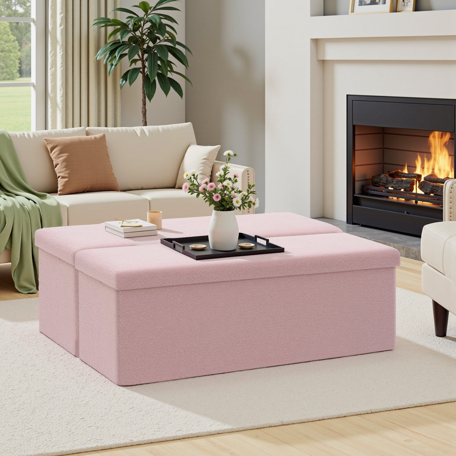Lusimo Boucle Ottoman Bench with Storage for Living Room, 43" Folding Storage Bench Coffee Table Foot Rest, End of Bed Bench for Bedroom Entryway, Faux Shearling Fabric Pink