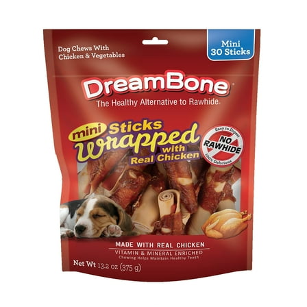 DreamBone Mini Sticks Wrapped with Real Chicken Rawhide-Free Chews for Dogs, 30 Count