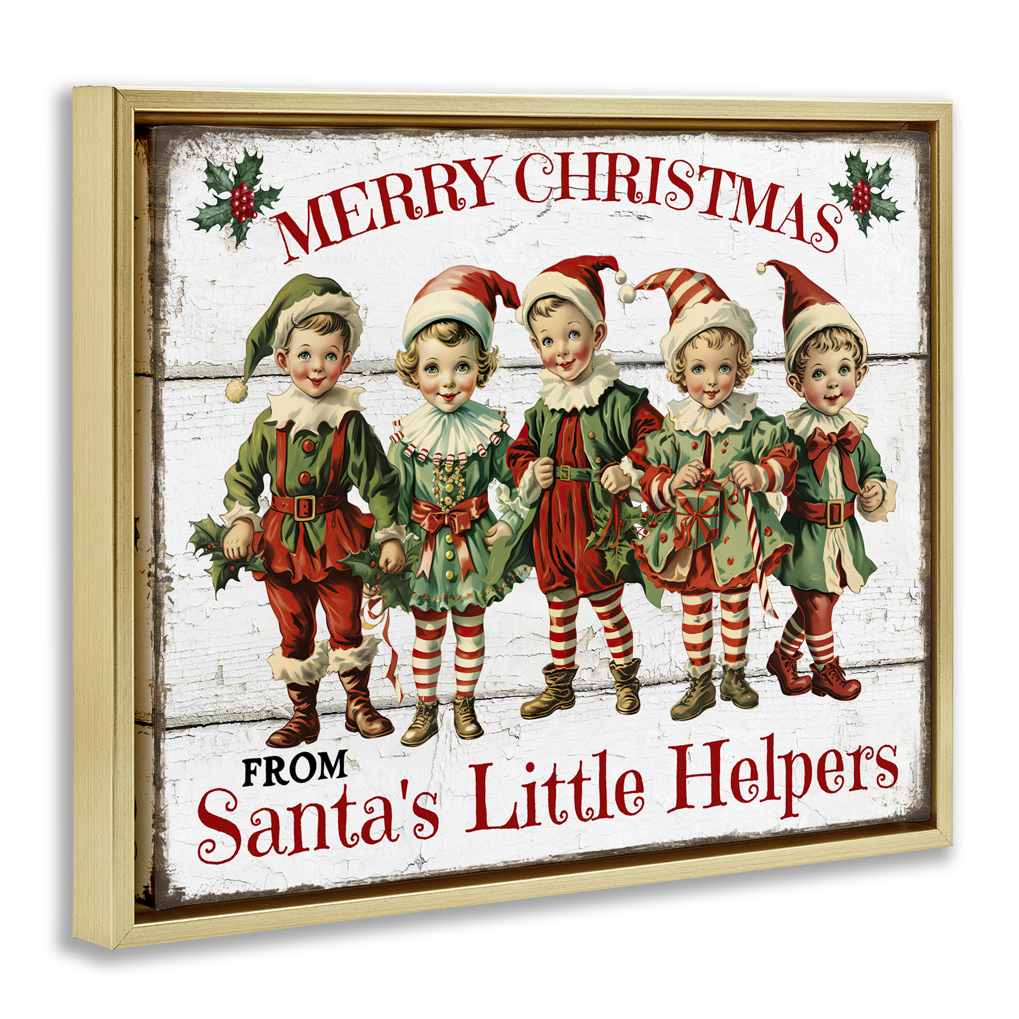 Stupell Industries Santa's Helpers Elves Holiday Painting Gold Floater Framed Canvas Art Prints Wall Art, 31 x 25