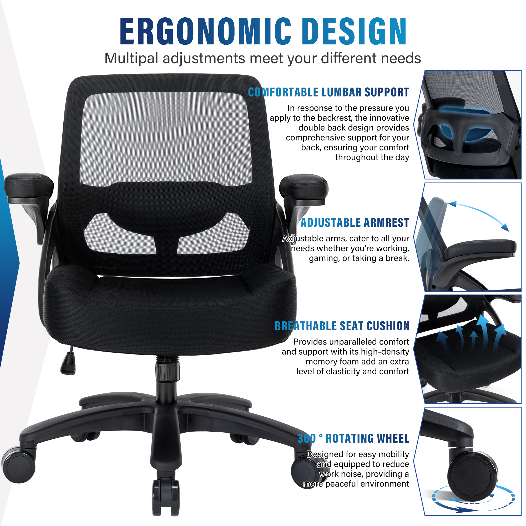 Hramk Black Big and Tall Office Chair, 400 lb Mesh Desk Chair with Flip Arms, Wide Seat Office Chair for Heavy People, 360 Swivel Computer Task Chair for Adults - image 3 of 7