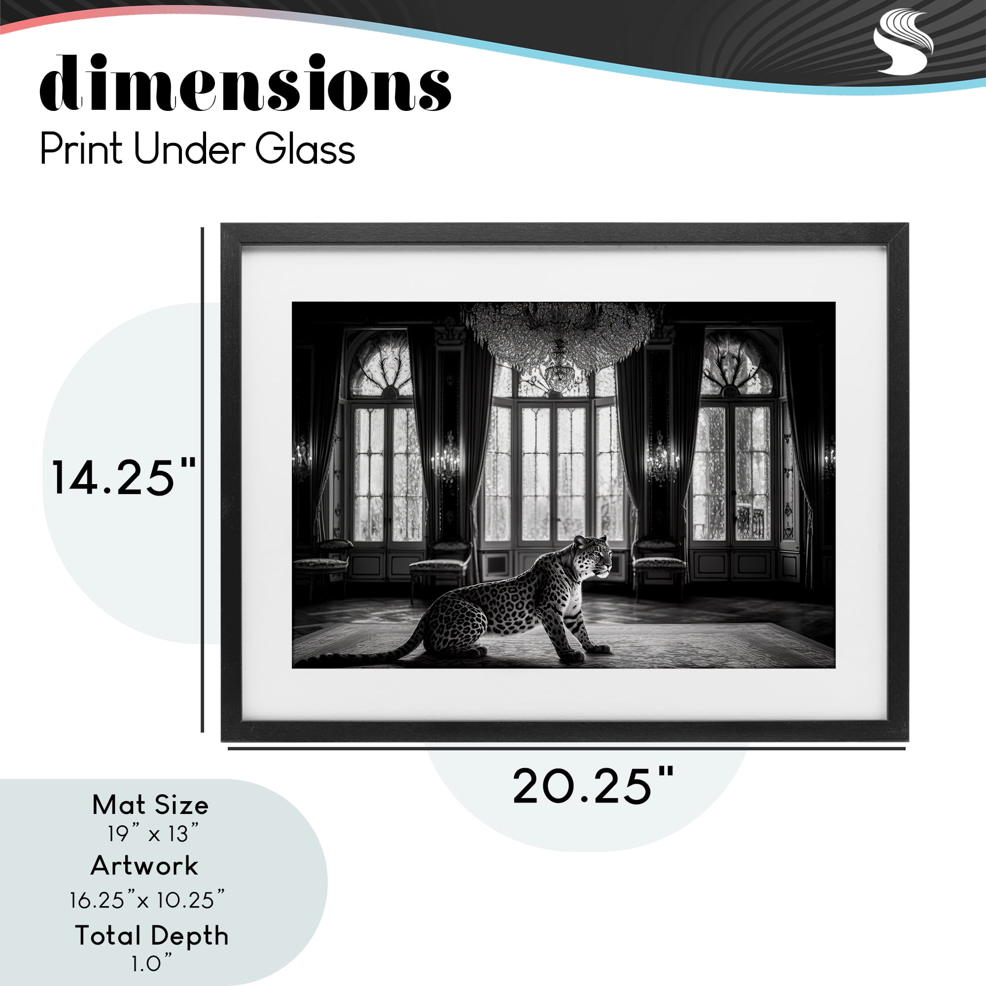 Snow Leopard in Opulent Mansion Black Framed Print Under Glass, design by Decent Exposures