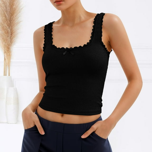 Women's Neck Sleeveless Knit Ribbed Fitted Casual Crop Tank Top Crop Top Laced Long Lace Camisole Lace Top 3x 2x Camisole for Women plus Size Crop Tops for Women Lace Woven Material Tops Women Bra