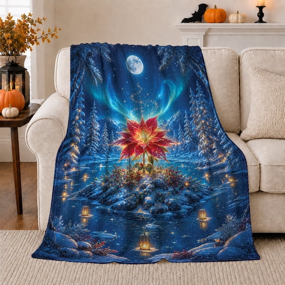 Magical Winter Poinsettia Night Scene Floating Lanterns Christmas, Festive Holiday Scene, Warm Flannel Blanket for Beach House and Living Room, Art Lovers Housewarming Gift, Festive Home Decor