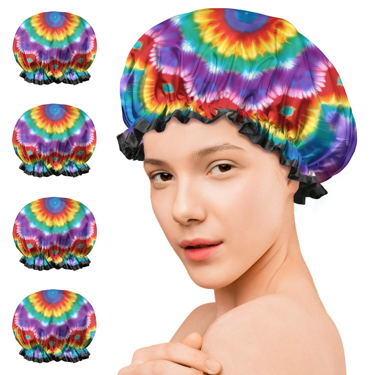Shower Caps,Colorful Rainbow Tie Dye Spiral Pattern Waterproof Shower Cap for Women 4 Pieces,Double Reusable Hair Cover for Shower PEVA Elastic Stretch Hem