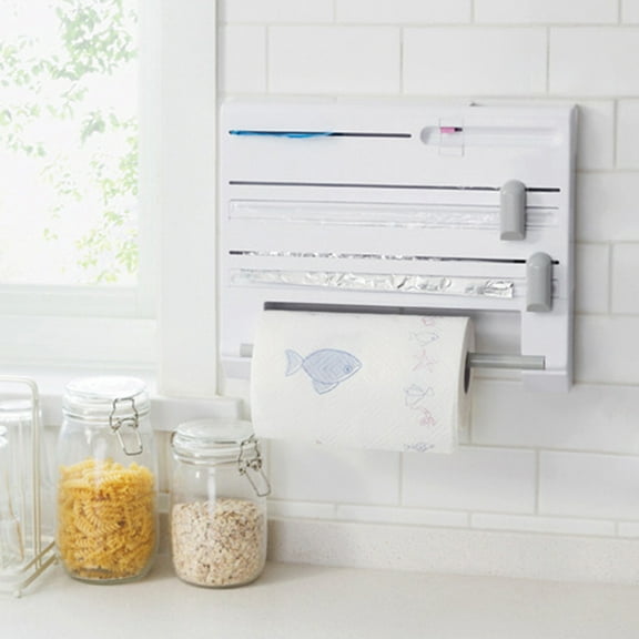 6-in-1 Kitchen Storage Rack | Wall-Mount Paper Towel Holder & Dispenser | Plastic Wrap & Aluminum Foil Cutter | White or Gray ABS Plastic Organizer