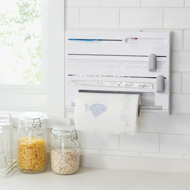 SuoKom 6-In-1Kitchen Storage Rack,Multifunctional Tin Foil Cling Film Cutter,Plastic Wrap Cling Film Foil Dispenser,Wall-Mount Storage,Rack Paper Towel Holder
