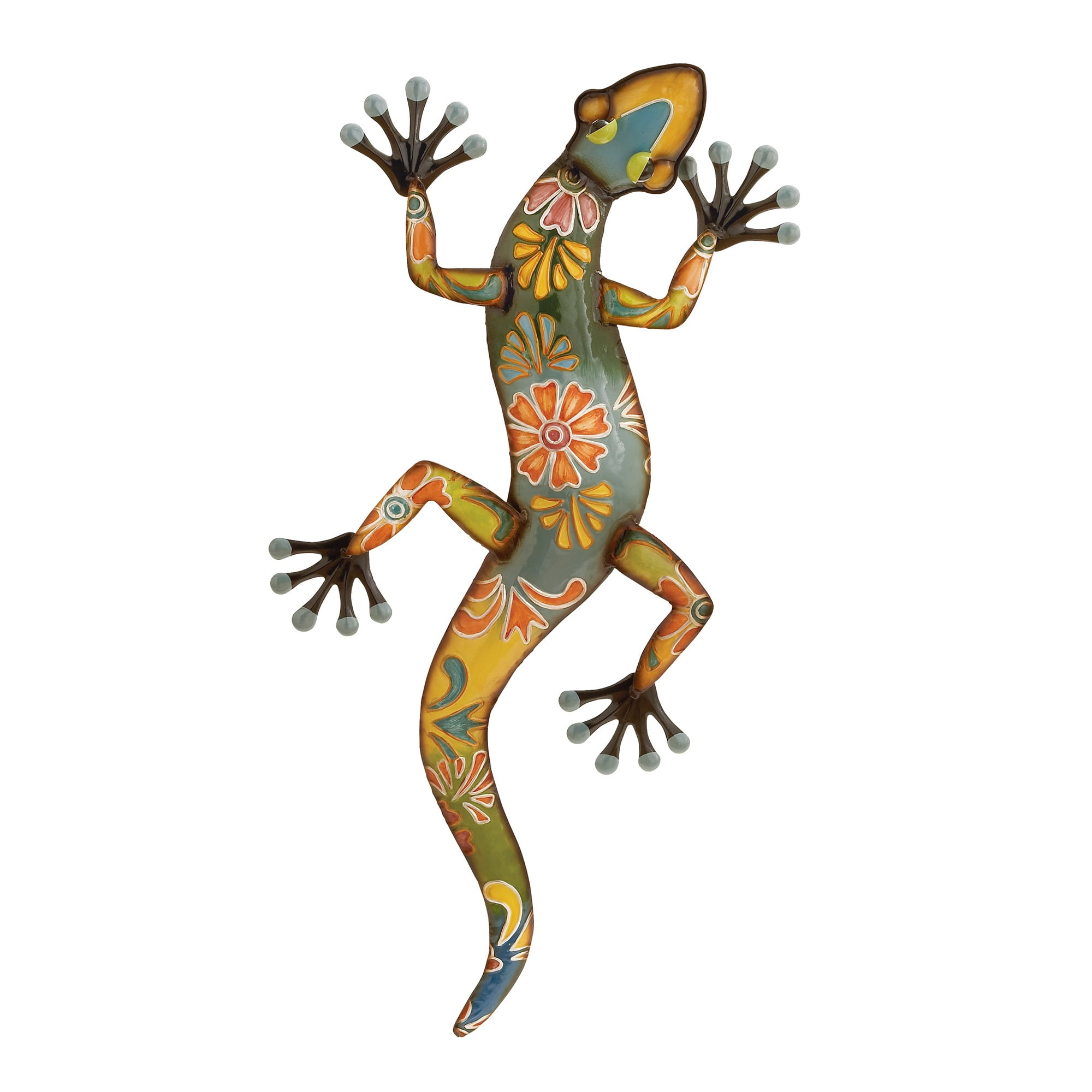 32 Inch Metal Wall Lizard Sculpture with Floral Motif, Multicolor
