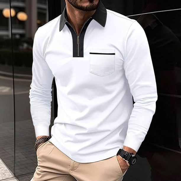 pstuiky Camisas casuales de manga larga para hombre, Camisa de golf de moda para hombre, de manga larga, con bolsillo y cuello abatible, de color liso salir tops m