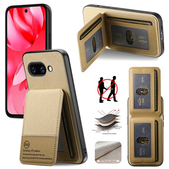 ELEHOLD Case for Google Pixel 9A, RFID Blocking Slim PU Leather Wallet Case with Card Holder & Kickstand,Khaki