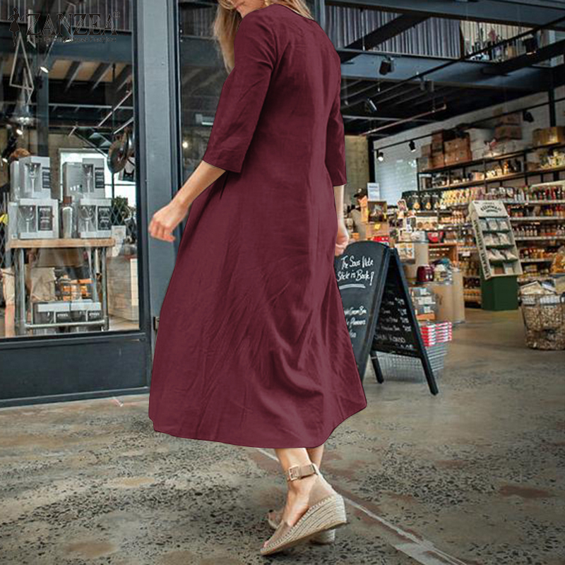 ZANZEA Women's Solid Cotton Dress Loose VNeck Half Sleeve Dress Plus