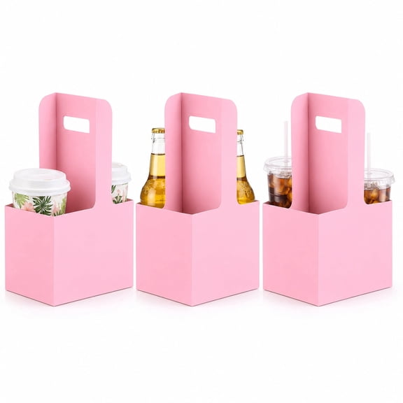 50 Pcs Pink Paper Drink Carrier with Handle, Suitable for Coffee Holder Drink Holder, 6.9×3.2×8.9 Inch Portable Drink Carrier for Coffee Shops Takeout Restaurants Juice Bars Dessert Shop