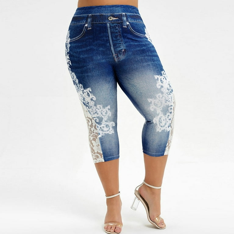 Lace Capris Jeans 2024 Women Pull-On Slim Stretch Plus Size Faux Denim  Leggings Mid Waist Cropped Capri Jeggings