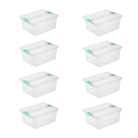 Sterilite Deep Clear Plastic Storage Bin with Clear Lid Aqua Latch, 8 Pack