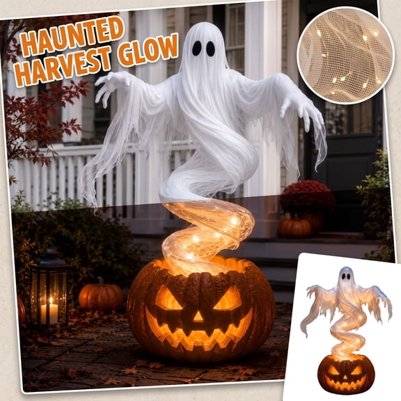 Halloween Ghost Pumpkin Glowing Yard Decor, Spiral LED Lighted Ghost Figurine on Jack-O-Lantern for Outdoor Garden Haunted House Prop