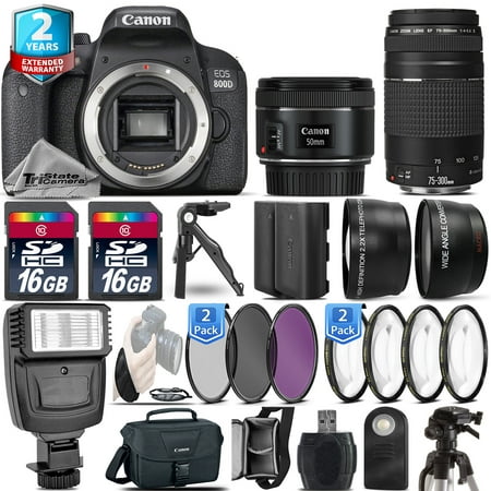Canon EOS Rebel 800D Camera + 50mm + 75-300 + EXT BAT - 32GB Kit + 2yr