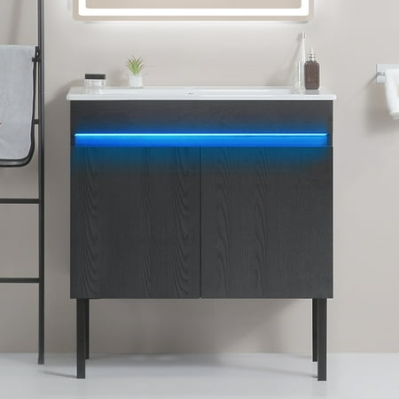 

ZHYNGTNG 30” Bathroom Vanity with Sink Radar Sensing Light Large Storage Space and Metal legs Wall Mounted/Standing Bathroom Vanity Sink Black