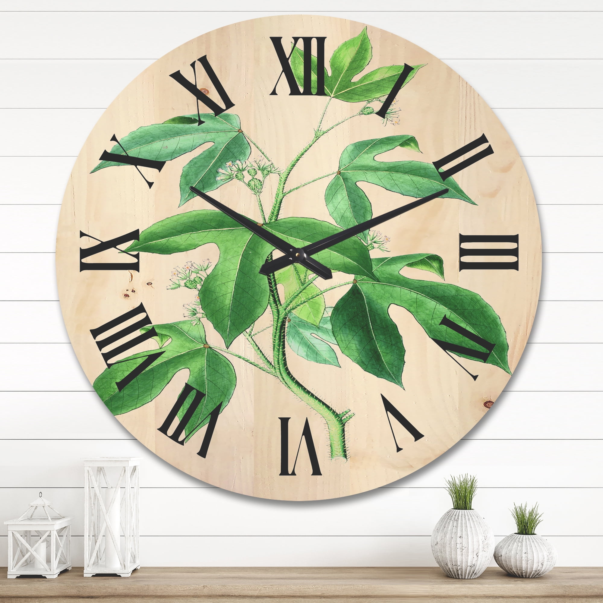 Designart 'Ancient Green Leaves Plants V' Traditional Wood Wall Clock