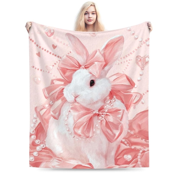 Coquette Bunny Throw Blanket, Pink Bows & Pearl-Inspired Design, Soft Lightweight Decorative Blanket for Sofa, Bed & Home 50x40