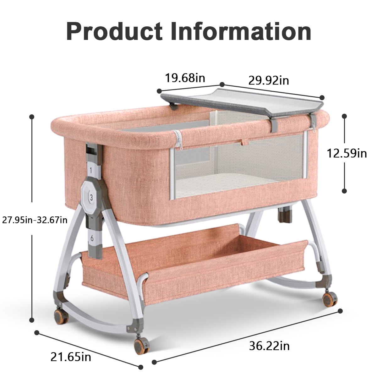 LUOLUO 4-in-1Baby Bassinet, Infant Bedside Crib with Storage Basket & Wheel & Changing Table, 6 Gear Adjustable Height, for 0-36 Months, Pink