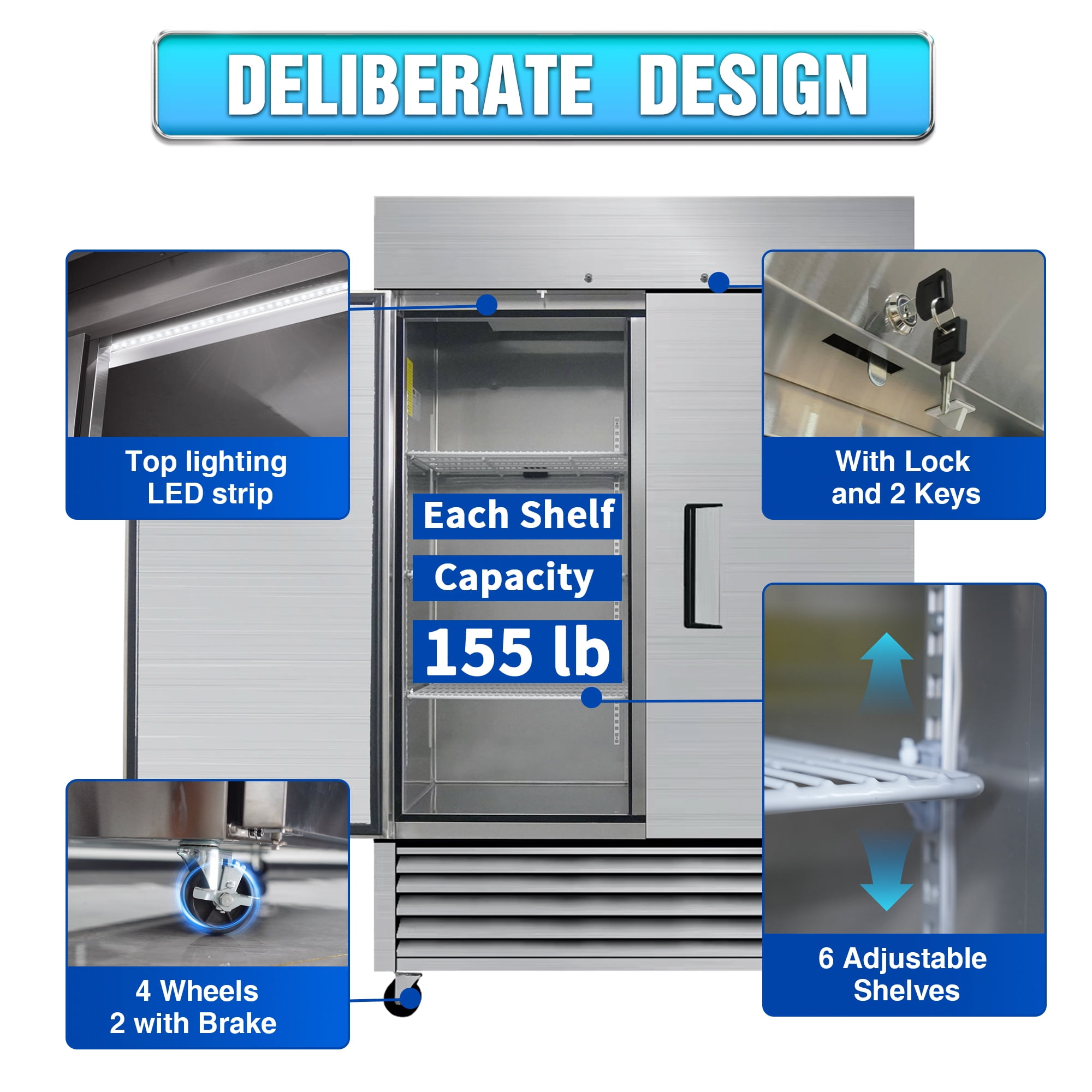 WHALLPRO 54" Commercial Refrigerator 49 Cu.ft with 2 Solid Door Reach-In Refrigerators Stainless Steel ETL Approved Upright Fridge Storage